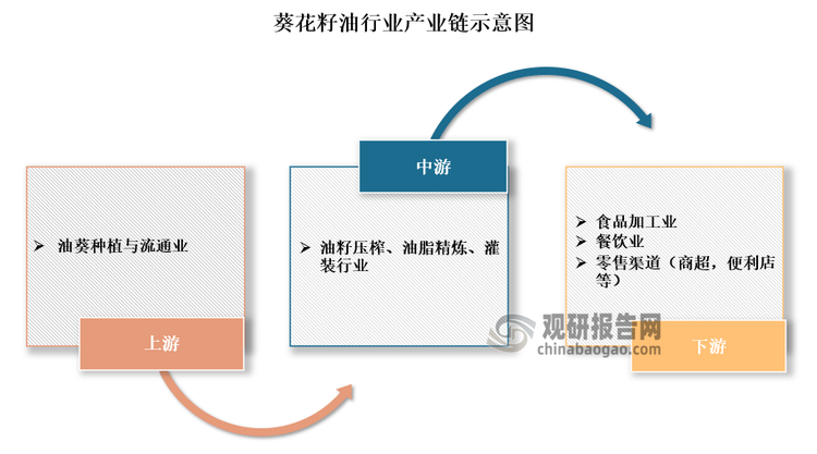 具体来看，葵花籽油行业产业链上游油葵种植与流通业，为其提供原材料（葵花籽），确保油料作物的供应，支撑整个产业链的稳定运转。中游为油籽压榨、油脂精炼、灌装行业。下游食品加工业、餐饮业、零售渠道（商超，便利店等）主要作用是将产品推向最终消费者。