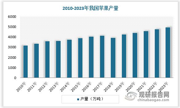 得益于種植技術(shù)的不斷進(jìn)步和品種的持續(xù)優(yōu)化，蘋果的畝產(chǎn)量實(shí)現(xiàn)顯著提升，蘋果產(chǎn)量隨之穩(wěn)定增長，2023年達(dá)4960.17萬噸，約占世界蘋果總產(chǎn)量的 50%以上。