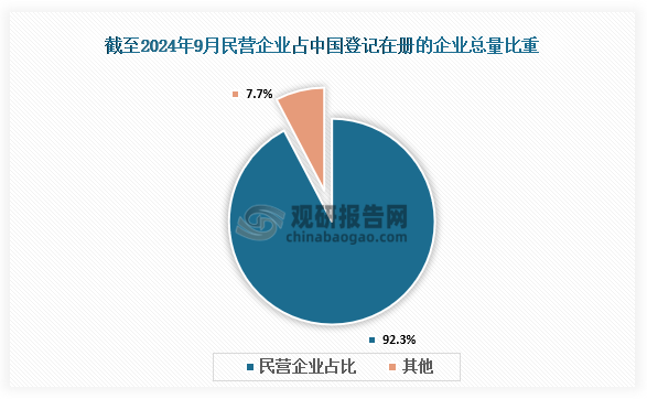 当前，中国民营经济已经形成相当的规模、占有很重分量。截至2024年9月底，中国登记在册的企业总量中，民营企业占比稳定在92.3%。