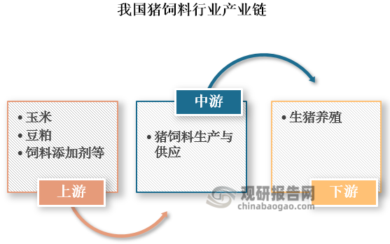 猪饲料是我国饲料工业的重要组成部分，主要包括全价料、浓缩料和预混料等。其产业链上游包括玉米、豆粕、饲料添加剂等原材料；中游为猪饲料生产与供应；下游为生猪养殖行业。