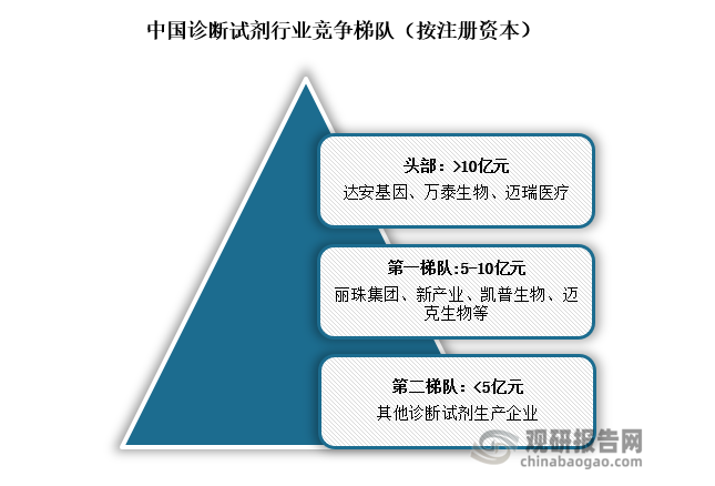 从竞争梯队看，注册资本超过10亿元的企业主要有达安基因、万泰生物、迈瑞医疗，处于行业头部地位；5-10亿注册资本的诊断试剂企业主要有丽珠集团、新产业、凯普生物、迈克生物等，处于一梯队；其余注册资本小于5亿元的诊断试剂企业处于第二梯队。