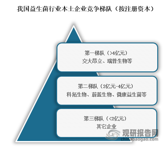 从本土企业行业竞争梯队来看，位于行业益生菌行业第一梯队的企业为交大昂立、瑞普生物等，注册资本在4亿元以上；位于行业第二梯队的企业为科拓生物、蔚蓝生物、微康益生菌等；营业收入在2亿元到4亿元之间；位于行业第三梯队的企业为其他企业，注册资本在2亿元以下。