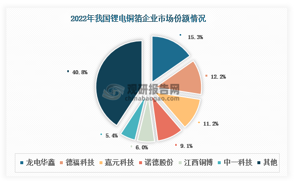 我国锂电铜箔行业集中度不高，2022年CR5约为53.8%。其中，龙电华鑫市场份额常年位居我国锂电铜箔市场首位，2022年约为15.30%；其次为德福科技和嘉元科技，分别约为12.2%和11.2%。