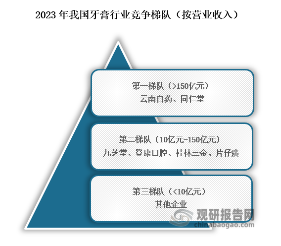 從牙膏行業(yè)參與企業(yè)較多，從行業(yè)競爭格局來看，主要可分為三個競爭梯隊，其中位于行業(yè)第一梯隊的企業(yè)為云南白藥、同仁堂，營業(yè)收入在150億元以上；位于行業(yè)第二梯隊的企業(yè)為九芝堂、登康口腔、桂林三金、片仔癀，營業(yè)收入在10億元到150億元之間；位于行業(yè)第三梯隊的企業(yè)為其他企業(yè)營業(yè)收入在10億元以下。