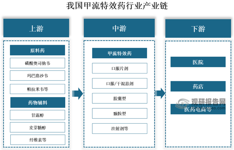 甲流特效药是用于治疗适应症为甲型流感病毒感染的药物，我国甲流特效药行业产业链上游主要是药物的原料药和药物辅料，其中，原料药主要为磷酸奥司他韦、玛巴洛沙韦、帕拉米韦、盐酸金刚乙胺、扎那米韦、昂拉地韦等；中游为甲流特效药，主要可分为口服片剂、口服/干混悬剂、胶囊型、颗粒型、注射剂等大类；下游销售渠道有医院、药店和医药电商。