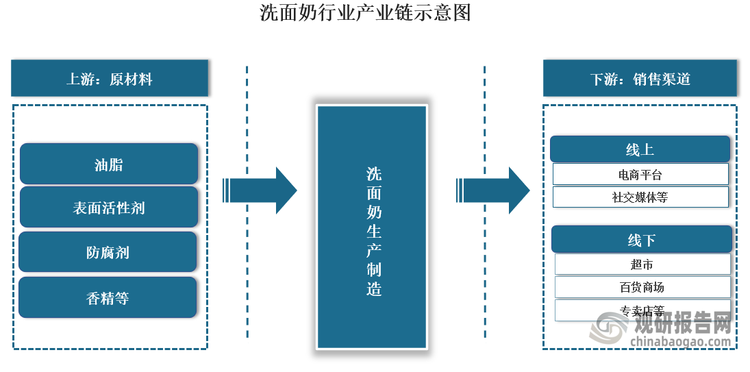 目前我国洗面奶行业完整的产业链。具体来看，洗面奶行业上游主要是原材料供应商，包括油脂、表面活性剂、防腐剂、香精等成分的供应商，这些原材料的质量和价格直接影响到洗面奶的生产成本和品质。中游则是洗面奶的生产和制造环节，需要将各种原材料按照一定的配方混合在一起，并进行搅拌、加热、冷却等工艺处理。生产设备和工艺技术的先进程度会直接影响到洗面奶的质量和稳定性。下游则是销售环节，包括线上和线下渠道，线上渠道包括电商平台、社交媒体等，线下渠道则包括超市、商场、专卖店等。