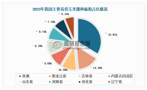 当前，我国玉米种植区主要集中在黄淮海及华北、东北地区，形成一个从东北到西南的斜长形玉米种植带，大致可以分为6个主产区，包括北方春播玉米主产区、黄淮海夏播玉米主产区、西南山地玉米主产区、南方丘陵玉米主产区、西北灌溉玉米主产区和青藏高原玉米主产区。从具体省（自治区、直辖市）来看，黑龙江省的玉米播种面积和产量位居全国首位，2023年占比分别为14.59%和15.16%；其次为吉林省，分别占比10.28%和11.69%。