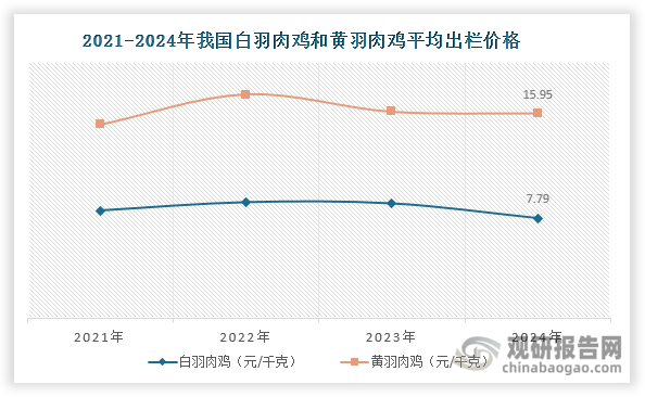 受平均养殖成本下降、市场供大于求等因素影响，2024年我国肉鸡平均出栏价格也呈现下跌态势。其中，白羽肉鸡和黄羽肉鸡平均出栏价格分别为7.79元/千克和15.95元/千克，分别较2023年下降12.28%和0.79%，这也是其平均出栏价格近2年来第2次下跌。