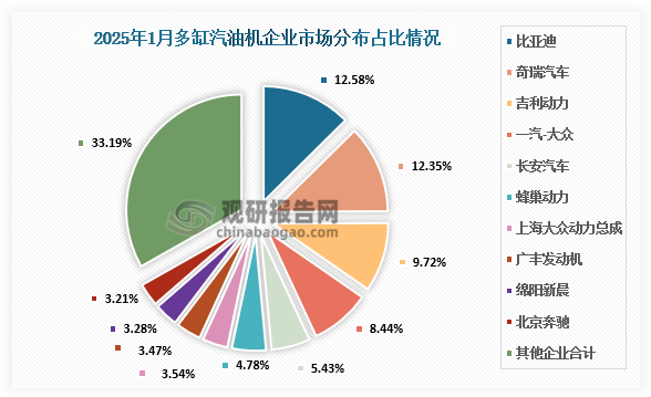 從企業(yè)市場分布來看，在44家多缸汽油機(jī)企業(yè)中比亞迪、奇瑞、吉利、一汽-大眾、長安汽車、蜂巢動(dòng)力、上海大眾動(dòng)力總成、廣豐發(fā)動(dòng)機(jī)、綿陽新晨、北京奔馳銷量排在前列，占總銷量的66.81%。在銷量較多的企業(yè)中，比亞迪、奇瑞、上海大眾動(dòng)力總成、綿陽新晨銷量增勢(shì)表現(xiàn)突出。