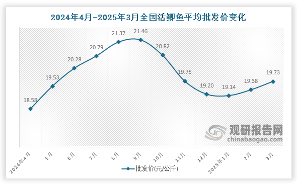 數(shù)據(jù)顯示，近十二月全國活鯽魚平均批發(fā)價(jià)呈先升后降再升趨勢。2025年3月全國活鯽魚平均批發(fā)價(jià)為19.73元/公斤，環(huán)比增長1.8%，同比增長6.2%。