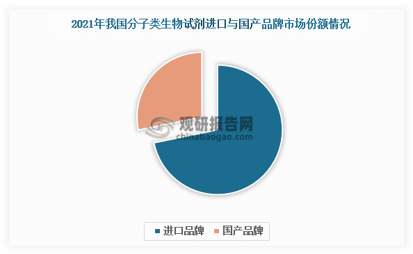我國(guó)生物試劑行業(yè)當(dāng)前呈現(xiàn)出典型的分散競(jìng)爭(zhēng)格局，市場(chǎng)集中度較低，行業(yè)參與者數(shù)量眾多且主要集中在基礎(chǔ)科研試劑等中低端領(lǐng)域。由于行業(yè)起步較晚，目前本土企業(yè)在技術(shù)積累、產(chǎn)品質(zhì)量和品牌影響力等方面與海外跨國(guó)企業(yè)相比存在一定的差距。因此，我國(guó)生物試劑市場(chǎng)競(jìng)爭(zhēng)格局主要由賽默飛（Thermo-Fisher）、凱杰 (Qiagen) 、寶生物 (Takara) 、伯樂(lè)生命（BioRad）等國(guó)外企業(yè)主導(dǎo)，國(guó)產(chǎn)替代空間廣闊。如在分子類(lèi)生物試劑市場(chǎng)中，2021年進(jìn)口品牌占據(jù)70%以上的市場(chǎng)份額；國(guó)產(chǎn)品牌不足30%。
