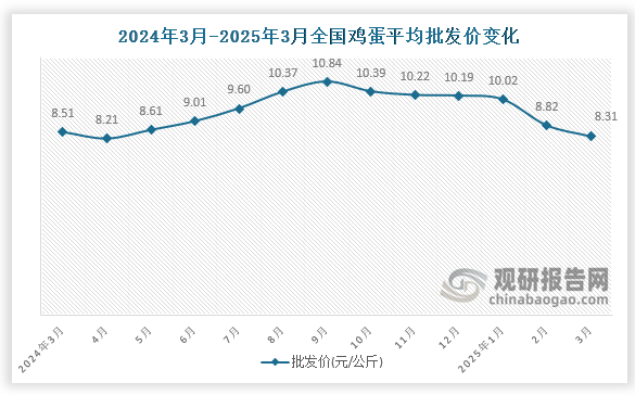 數(shù)據(jù)顯示，近十三月全國雞蛋平均批發(fā)價呈先降后升再降趨勢。2025年3月全國雞蛋平均批發(fā)價為8.31元/公斤，環(huán)比下降5.8%，同比下降2.4%。