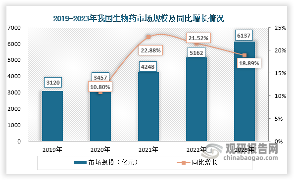 生物藥、體外診斷等下游行業(yè)方興未艾，為生物試劑行業(yè)帶來(lái)強(qiáng)勁發(fā)展動(dòng)力。一方面，生物藥憑借其卓越的療效優(yōu)勢(shì)、更高的安全性和較低的毒副作用等特點(diǎn)，正逐步成為全球醫(yī)藥行業(yè)發(fā)展的重要方向。在我國(guó)，隨著生物技術(shù)水平的快速提升和研發(fā)投入的持續(xù)加大，生物藥行業(yè)展現(xiàn)出強(qiáng)勁的發(fā)展態(tài)勢(shì)。2019-2023年間，我國(guó)生物藥市場(chǎng)規(guī)模從3120億元快速增長(zhǎng)至6137億元，實(shí)現(xiàn)了18.43%的年均復(fù)合增長(zhǎng)率。這一快速增長(zhǎng)直接帶動(dòng)了生物藥研發(fā)支出的顯著提升，進(jìn)而推動(dòng)了對(duì)高質(zhì)量生物科研試劑的需求擴(kuò)張，為生物試劑市場(chǎng)創(chuàng)造了廣闊的增長(zhǎng)空間。