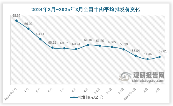 数据显示，近十三月全国牛肉平均批发价呈先降后升再降趋势。2025年3月全国牛肉平均批发价为58.01元/公斤，环比增长1.1%，同比下降15.2%。