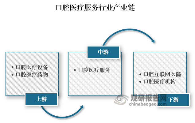 从产业链来看，口腔医疗上游主要为口腔医疗设备和口腔医疗药物；中游为口腔医疗服务；下游为口腔互联网医院、口腔医疗机构等终端应用领域。