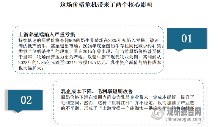 原奶价格与生产成本严重倒挂，迫使大量牧场不得不倒掉牛奶、提前淘汰低产能奶牛。而这场原奶价格持续下滑，几乎波及整个产业链，从上游牧场到下游乳企无一幸免，是有史以来最为严峻的周期性调。整体来看，这场价格危机带来了两个核心影响：一是上游养殖端陷入严重亏损。二是乳企成本下降、毛利率短期改善。具体如下，