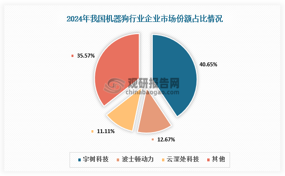 市场份额来看，2024年我国机器狗行业中，宇树科技、波士顿动力和云深处科技其市场份额占比分别为40.65%、12.67%和11.11%。其中，宇树科技以明显的优势占据首位。