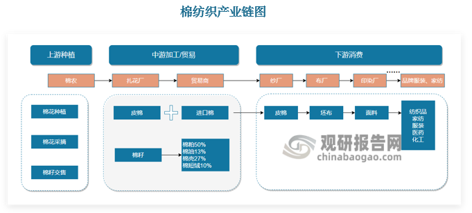棉纺织产业链长，但用途单一。棉花主要用于纺织工业，少量用于医药、化工等行业。在棉纺织产业链中，上游指的是棉花的种植，棉农在4月开始进行播种，9月起进入采摘收获期，得到籽棉；中游指的是棉花的加工和贸易，棉农将籽棉采收后交售给轧花厂，轧花厂进行加工得到皮棉和棉籽，我们常说的棉花的产量指的就是皮棉的产量，棉籽作为副产品可以进一步加工得到棉粕、棉油、棉短绒等等；棉花的下游指的是棉纺织品的制造、染整和辅料、服装制造环节，通过纺纱、织造、染色、后加工、成衣生产等过程使纤维原料变成纺织成品，之后进入销售流通环节，通过各种销售渠道使服装、家纺等纺织品进入终端消费者手中。