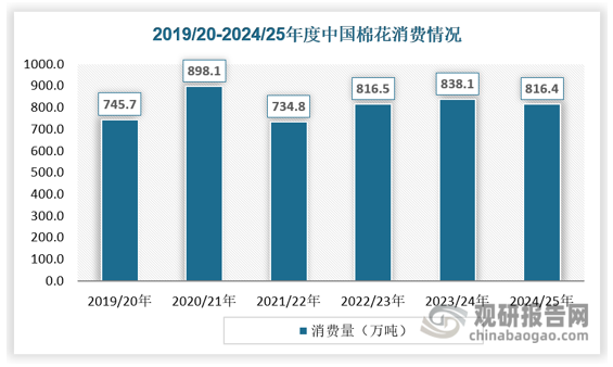 在棉花消费方面，在全球需求收缩和预期转弱的大背景下，2024 年国内棉纺织行业运行总体偏弱，内需明显不足，纺织品服装出口增幅有限，棉花需求增长不及预期。截至2024/25年度，我国棉花消费量为816.4万吨，同比下降了2.59%。虽然近年来需求出现整体放缓，但是我国棉花消费量维持在较高水平。中国纺织业规模庞大，是全球重要的纺织品生产和出口国，对棉花有着持续且大量的基础需求。预计随着纺织业产能利用率的提升和生产规模的扩大，对棉花的需求总量也相应增加。