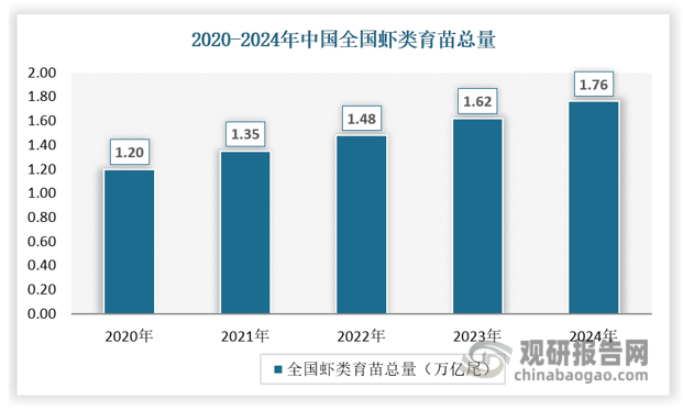 在国内市场方面，虾苗养殖主要集中在沿海、沿江和部分内陆地区，其中广东、广西、海南等地区是主要养殖区域。这些地区的养殖规模逐年增加，虾苗产量占全国总产量的较大比例。近年来，随着消费升级，高品质、特色化虾苗的需求逐渐上升，推动了虾苗市场价格的水涨船高，全国虾苗养殖量稳定增长。2020至2024年，全国虾类育苗总量从1.20万亿尾增长至1.76万亿尾。