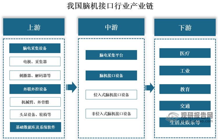 产业链来看，我国脑机接口行业产业链上游为软硬件设备供应，主要包括脑电采集设备、外联外控设备、基础数据库及系统软件等；中游为脑机接口系统，包括脑机采集平台和脑机接口设备；下游应用于医疗、工业、教育、交通、生活及娱乐等领域。