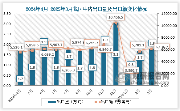 2025年3月，我國生豬出口量為1.8萬(wàn)噸，出口額為6136.2萬(wàn)美元。