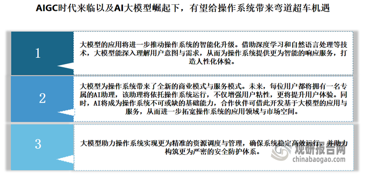 当前，操作系统已步入相对成熟期，形态趋于稳定。然而，我国厂商若欲超越国外长期积累的操作系统优势，便需寻觅弯道超车的契机。对此业界普遍认为，AIGC时代来临以及AI大模型崛起下，有望给国内操作系统厂商带来弯道超车机遇。