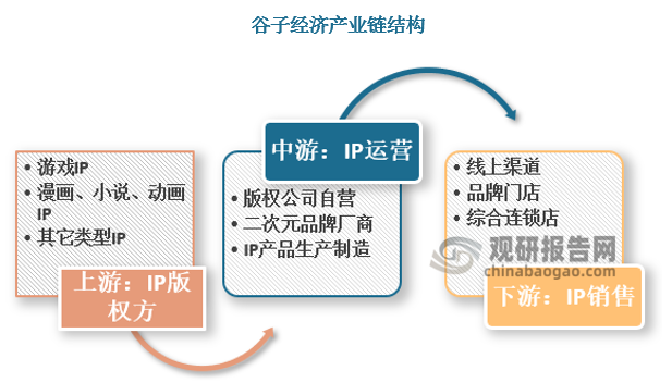 在谷子經(jīng)濟(jì)產(chǎn)業(yè)鏈中，IP和渠道是谷子生態(tài)核心，其中產(chǎn)業(yè)鏈上游主要圍繞IP的獲取展開。IP提供方包括IP授權(quán)商（如迪士尼、集英社）以及IP設(shè)計師（如Molly的設(shè)計者KennyWong），被授權(quán)方通過購買知識產(chǎn)權(quán)或簽署獨家/非獨家授權(quán)協(xié)議的方式來獲得IP資源。谷子經(jīng)濟(jì)的下游，則主要集中在銷售渠道上，包括二次元零售門店、文化創(chuàng)意店鋪、潮玩店等多種形式。