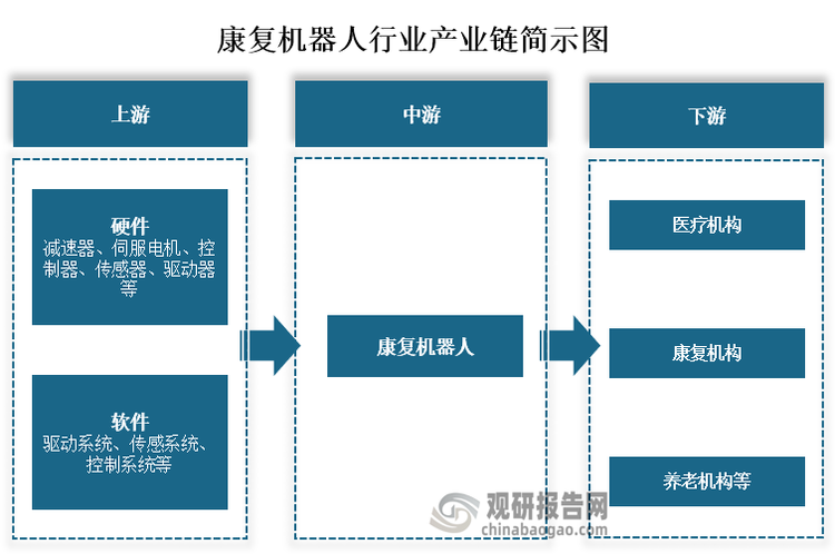從產(chǎn)業(yè)鏈來看，康復機器人上游主要為硬件和軟件，其中硬件包括減速器、伺服電機、控制器、傳感器、驅(qū)動器等；硬件包括減速器、伺服電機、控制器、傳感器、驅(qū)動器等。中游為康復機器人的生產(chǎn)。中游為醫(yī)療機構(gòu)、康復機構(gòu)和養(yǎng)老機構(gòu)等應(yīng)用領(lǐng)域。