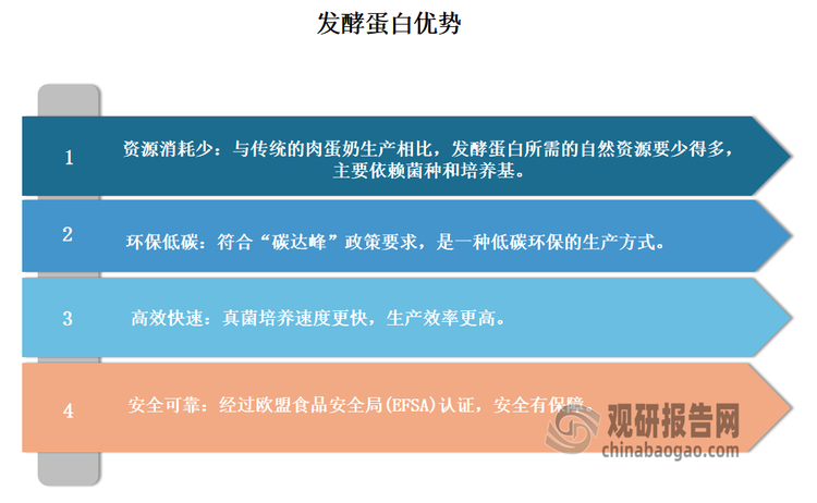 目前替代蛋白主要有三類：植物蛋白、細(xì)胞蛋白、發(fā)酵蛋白。其中發(fā)酵蛋白因是一種以葡萄糖、淀粉、糖蜜、合成氣、二氧化碳等為底物，利用微生物發(fā)酵方式生產(chǎn)的蛋白，具有資源消耗少、環(huán)保低碳、高效快速、安全可靠等優(yōu)勢(shì)，成為該市場(chǎng)上最具發(fā)展前景的產(chǎn)品。