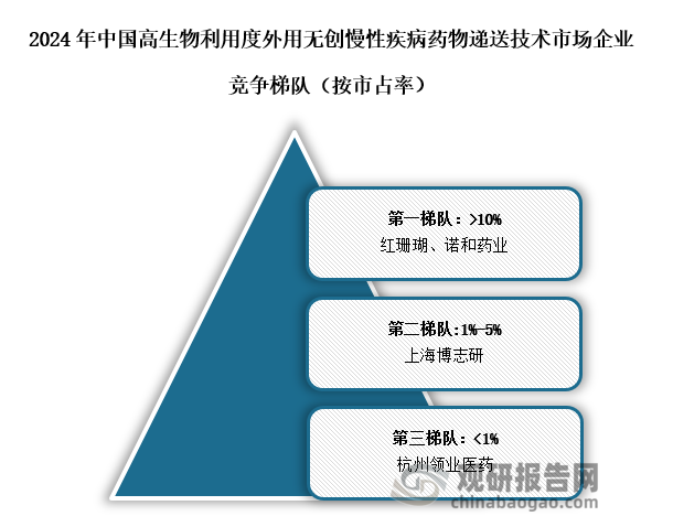 从竞争梯队来看，目前国内高生物利用度外用无创慢性疾病药物递送技术行业企业数量较少，第一梯队为领先药物递送技术企业（市占率大于10%），具体包括红珊瑚、诺和药业；第二梯队为生物医药创新企业（市占率在1%-5%之间），如上海博志研；第三梯队为专业外用无创中小规模企业组成（市占率不足1%），如杭州领业医药。