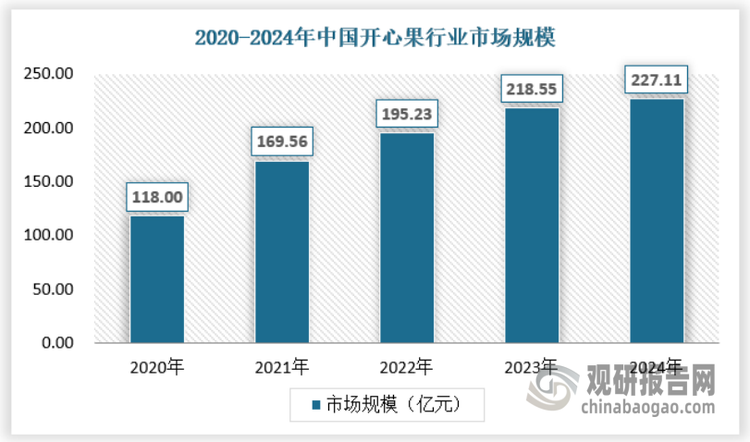 近年來(lái)我國開(kāi)心果行業(yè)市場(chǎng)規模保持穩定增長(cháng)，2020年我國開(kāi)心果行業(yè)市場(chǎng)規模為118億元，2024年達到227.11億元。具體如下：