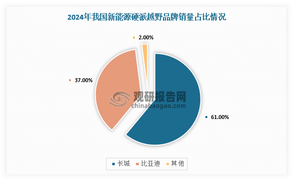 分品牌来看，2024年，我国新能源硬派越野汽车主销品牌为长城汽车和比亚迪。其中，长城汽车市占率达61%，主要车型坦克400Hi4-T、坦克500Hi4-T、坦克700Hi4-T均为机械四驱结构，分别实现销量4.5万辆、4.5万辆、1.4万辆，品牌合计销量10.7万辆；比亚迪市占率37%，豹5、豹8、仰望U8均为电动四驱结构，销量分别为4.9万辆、0.7万辆、0.7万辆，品牌合计销量6.4万辆。