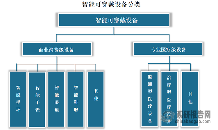 根据应用领域不同，智能可穿戴设备可分为商业消费级和专业医疗级两大类产品形态。其中商业消费级设备按照产品形态又可分为手环、手表、眼镜、服饰等，多用于日常健康生活的监测使用中，如监测运动量、心率、呼吸等；专业医疗级设备又可分为监测型和治疗型医疗设备，多供于医院等医疗机构使用。