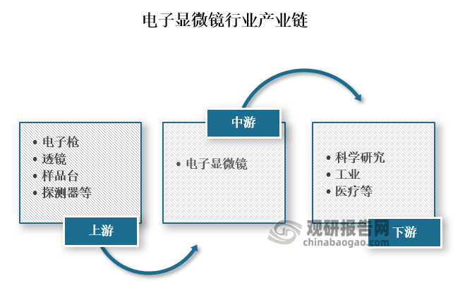 从产业链来看，电子显微镜上游主要为电子枪、透镜、样品台、探测器等关键部件原材料；中游为电子显微镜的生产制造；下游为科学研究、工业和医疗等应用领域。