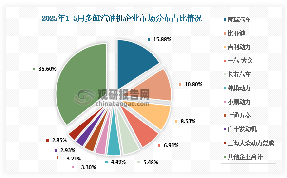 企業市場分布來看，2025年5月多缸汽油機銷量162.68萬臺，環比下降1.30%，同比增長9.74%；1-5月累計銷量847.77萬臺，同比增長13.47%。在45家多缸汽油機企業中奇瑞、比亞迪、吉利、一汽-大眾、長安汽車、蜂巢動力、小康動力、上通五菱、廣豐發動機、上海大眾動力總成銷量排在前列，占總銷量的64.40%。在銷量較多的企業中，奇瑞、比亞迪、吉利、小康動力、上海大眾動力總成銷量增勢表現突出。