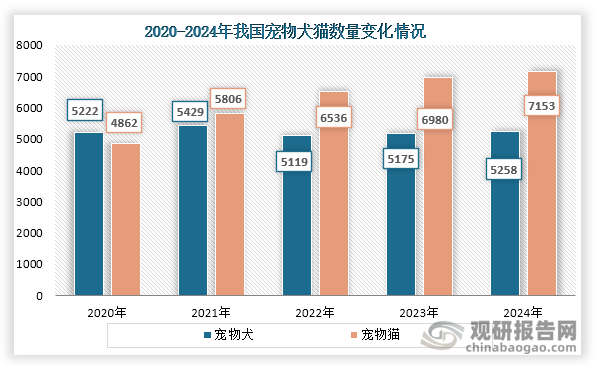 隨著我國養寵物的人越來越多，我國寵物數量也在不斷增長。到2024年我國寵物數量為12411萬只，同比增長2.1%，其中寵物犬數量為5258萬只，同比增長在1.6%；寵物貓數量為7153萬只，同比增長2.5%。