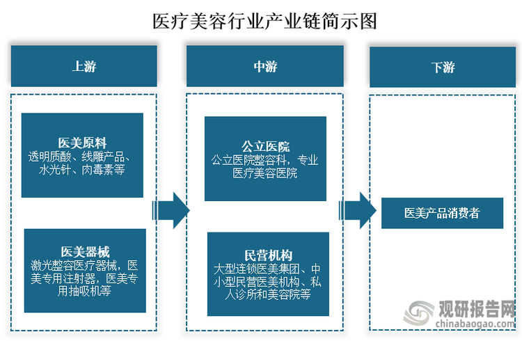 从产业链来看，医疗美容上游为医美原料和医美器械。其中医美器械包括透明质酸、线雕产品、水光针、肉毒素等；医美器械包括激光整容医疗器械，医美专用注射器，医美专用抽吸机等。中游医疗美容服务，主要可分为公立和民营机构，其中公立机构主要为公立医院的整容科、专业医疗美容医院等，民营机构为大型连锁医美集团、中小型民营医美机构、私人诊所和美容院等。下游医美产品消费者。