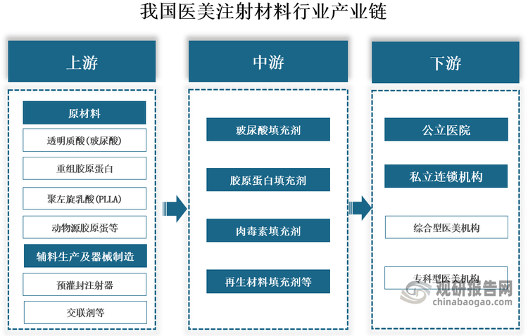 产业链来看，我国医美注射材料行业产业链上游为原材料、辅料生产及器械制造，包括透明质酸(玻尿酸)、重组胶原蛋白、聚左旋乳酸(PLLA)、动物源胶原蛋、肉毒素原料、聚己内酯(PCL)、预灌封注射器、交联剂等；中游为产品研发与制造，包括玻尿酸填充剂、胶原蛋白填充剂、肉毒素填充剂、再生材料填充剂等；下游为销售渠道，包括公立医院和私立连锁机构。