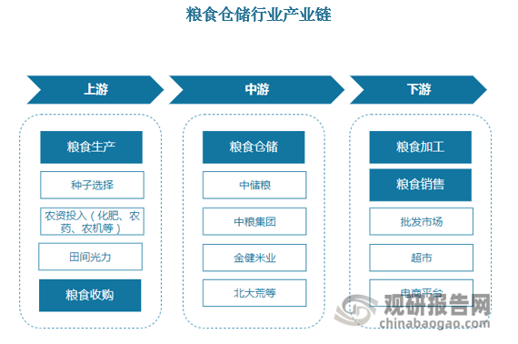 从产业链来看，粮食仓储行业上游主要包括粮食生产和收购，粮食生产是该产业链的起点，涉及农户的种植活动，包括种子选择、农资投入（化肥、农药、农机等）、田间管理等，以生产出符合质量标准的粮食；粮食收购涉及粮食的质量检验、价格谈判、收购量确定等，确保粮食能够顺利进入仓储环节。中游是指粮食仓储行业，这一环节的企业需要具备先进的仓储设施和管理经验，以确保粮食在储存期间的质量和安全。下游是指粮食的加工和销售环节，企业将储存的粮食进行加工处理，生产出满足市场需求的各种粮食产品；随后将加工好的粮食产品通过批发市场、超市、电商平台等多种渠道进行销售。