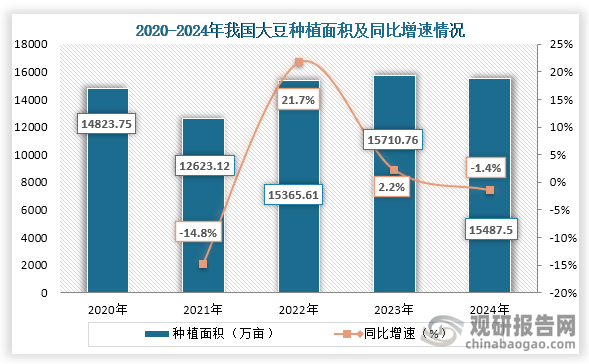 從種植面積來看，2020年到2024年我國大豆種植面積從14823.75增長到了15487.5億平方米，2024年我國大豆種植面積同比下降1.4%。