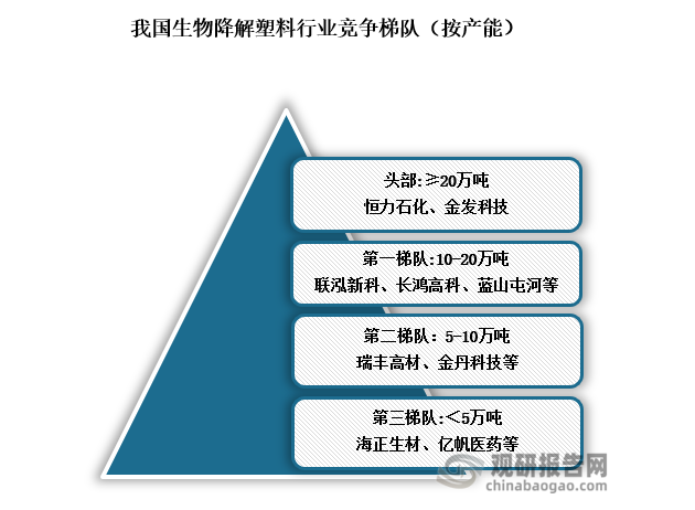竞争梯队来看，我国生物降解塑料行业按产能大小可分为四梯队，头部企业产能超过20万吨/年，企业有恒力石化和金发科技；第一梯队产能在10到20万吨，企业有联泓新科、长鸿高科、蓝山屯河等；第二梯队产能在5到10万吨，企业有瑞丰高材、金丹科技等；第三梯队产能少于5万吨，企业有海正生材、亿帆医药等。