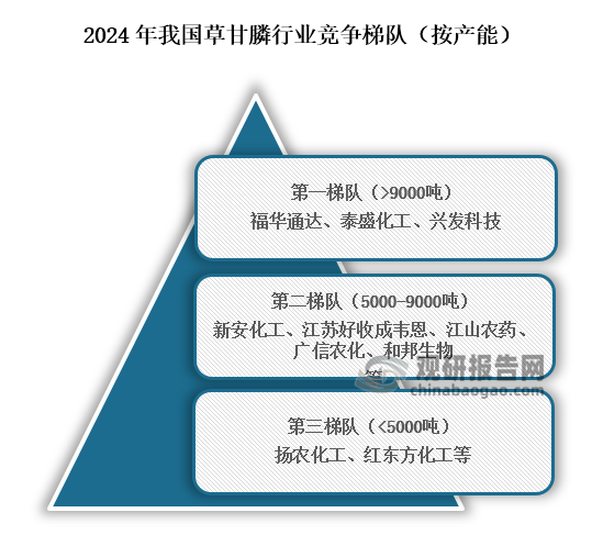 从行业竞争梯队来看，位于我国草甘膦行业第一的企业为福华通达、泰盛化工、兴发科技，产能在9000吨以上；位于行业第二梯队的企业为新安化工、江苏好收成韦恩、江山农药、广信农化、和邦生物，产能在5000到9000万吨之间；位于行业第三的企业为扬农化工、红东方化工等，产能在5000吨以下。