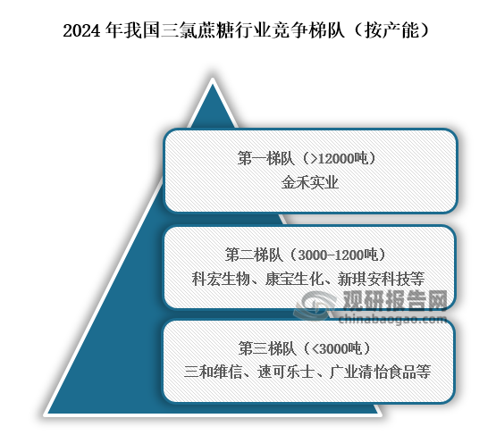 从行业竞争梯队来看，位于我国三氯蔗糖第一梯队的企业为金禾实业，产能在12000吨以上；位于行业第二梯队的企业为科宏生物、康宝生化、新琪安科技等，产能3000吨到12000吨之间；位于行业第三梯队的企业为三和维信、速可乐士、广业清怡食品等，产能在3000吨以下。