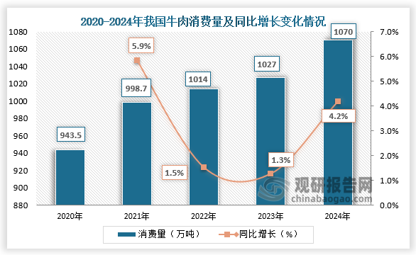 牛肉含有丰富的蛋白质，能提高机体抗病能力，对生长发育及手术后、病后静养的人在补充失血和修复组织等方面特别适宜。我国人均牛肉消费量仅次于猪肉。牛肉蛋白质含量高，而脂肪含量低，味道鲜美。近五年我国牛肉消费量保持增长。2024年我国牛肉消费量约为1070万吨，同比增长4.2%。