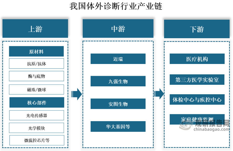 產(chǎn)業(yè)鏈來看，我國體外診斷行業(yè)產(chǎn)業(yè)鏈上游主要包括抗原抗體、酶、磁珠等核心原材料及精密部件；中游為儀器和試劑生產(chǎn)，相關(guān)企業(yè)有邁瑞、九強(qiáng)生物、安圖生物、華大基因等；下游應(yīng)用以醫(yī)院檢驗科為主，第三方實驗室和基層醫(yī)療快速成長，家庭自檢市場嶄露頭角。