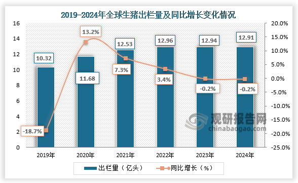 全球出栏量来看，近四年全球生猪出栏量相对较稳定。2024年全球生猪出栏量下幅度下滑至12.91亿头，同比下降0.2%。