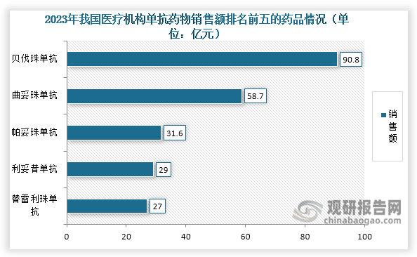 我国医疗机构单抗药物销售呈现高度集中的产品分布特征，2023年前十大单抗药物品种贡献了88.45%的销售额。其中，贝伐珠单抗以90.8亿元的销售额位居首位，曲妥珠单抗（58.7亿元）、帕妥珠单抗（31.6亿元）、利妥昔单抗（29亿元）和替雷利珠单抗（27亿元）分列第二至第五位。