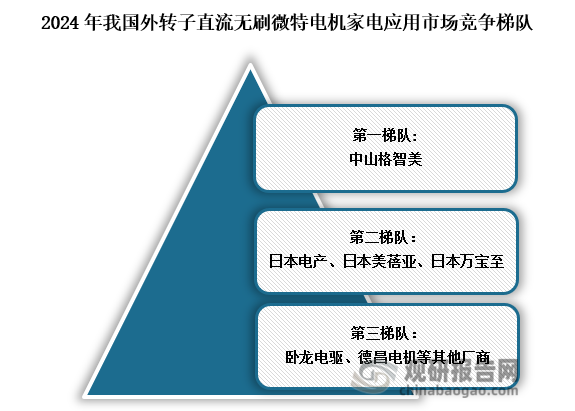 竞争梯队来看，我国外转子直流无刷微特电机家电应用市场分为三梯队。第一梯队中山格智美，在全球外转子直流无刷微特电机行业展现出强劲的行业竞争力，在国内市场稳居行业领先地位；第二梯队为外资企业，包括日本电产、日本美蓓亚、日本万宝至为代表的头部企业占据了市场的主导地位；第三梯队为卧龙电驱、德昌电机等其他厂商。