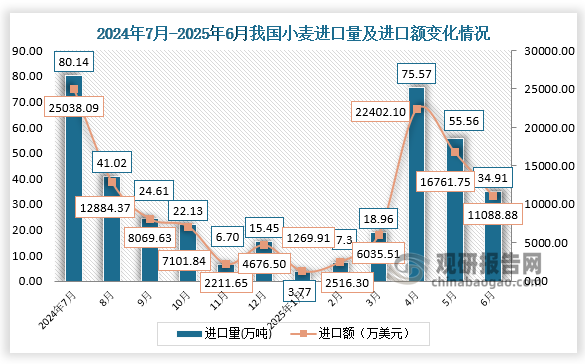 数据显示，2025年6月，我国小麦进口量为34.91万吨，进口额为11088.88亿美元。